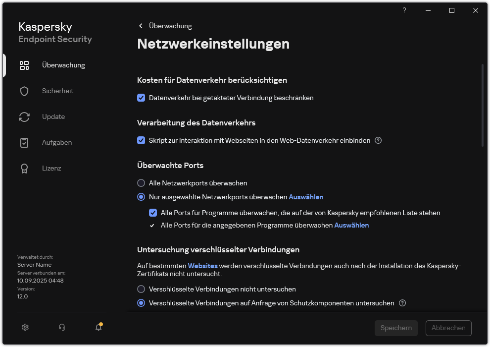 Fenster mit den Netzwerkeinstellungen für die App.