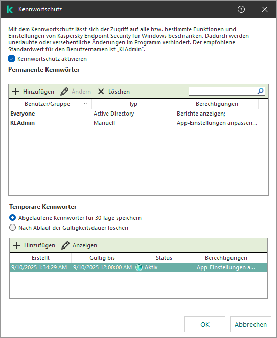 Fenster zur Verwaltung von temporären Kennwörtern.