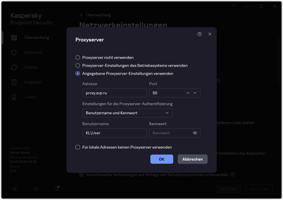Das Fenster zum Konfigurieren der Proxyserver-Verbindung. Der Benutzer kann die Adresse des Proxyservers und Anmeldedaten für die Verbindung mit dem Proxyserver festlegen.