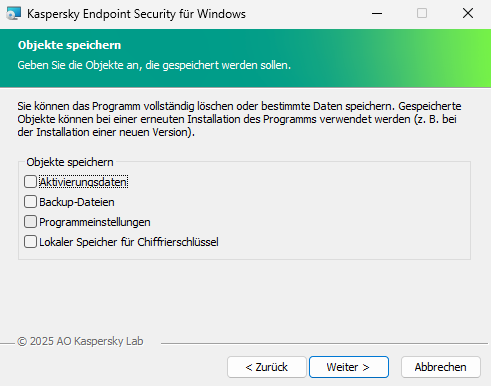 Fenster des Installationsprogramms mit einer Liste von Objekten, die nach dem Entfernen der App gespeichert werden können.
