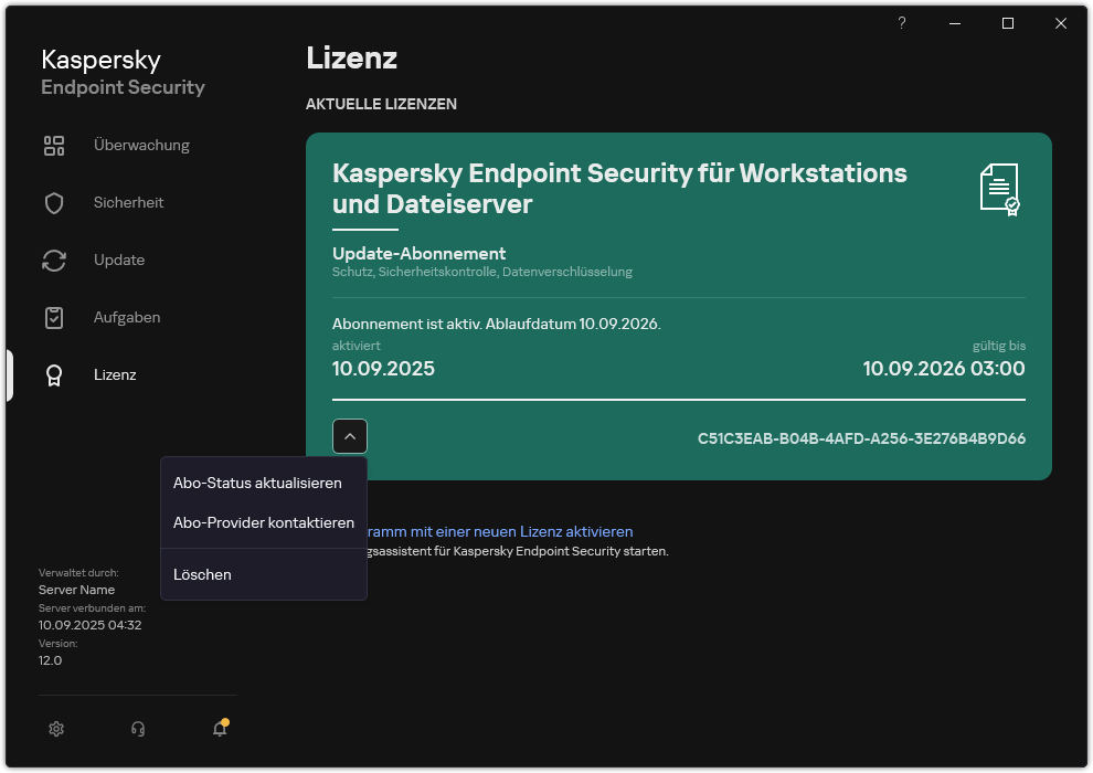 Das Fenster mit Informationen zur Lizenz. Der Benutzer kann das Abo aktualisieren, den Abo-Anbieter kontaktieren oder die Lizenz entfernen.