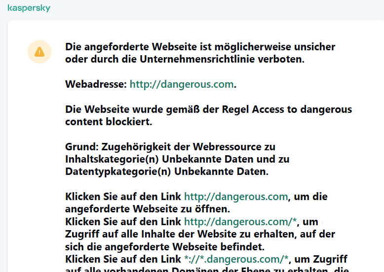 Benachrichtigung: Besuch einer möglicherweise unsicheren Webseite im Browserfenster. Der Benutzer kann eine Zugriffsanfrage für die Webressource erstellen.