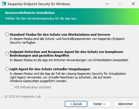 Installationsfenster mit der Konfiguration des Programms: vollständige Funktionalität oder Endpoint Detection and Response Agent.