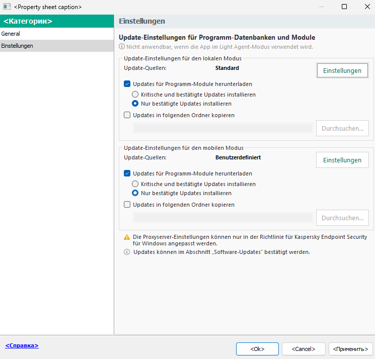 Das Fenster „Einstellungen für die Update-Aufgabe“. Der Benutzer kann das Update im lokalen und mobilen Modus konfigurieren.