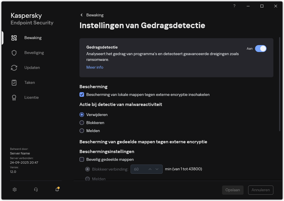Venster Instellingen van Gedragsdetectie