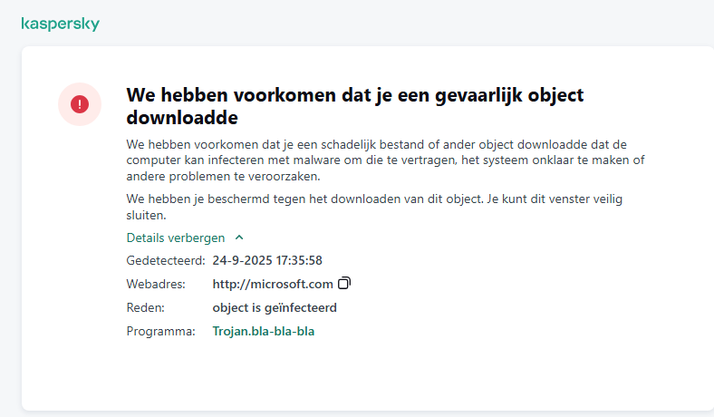 Kaspersky-melding over het voorkomen dat kwaadaardig object wordt geladen in het browservenster.
