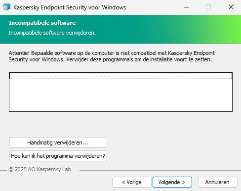 Installatievenster met een lijst met incompatibele software. De gebruiker kan het verwijderen van incompatibele software starten.