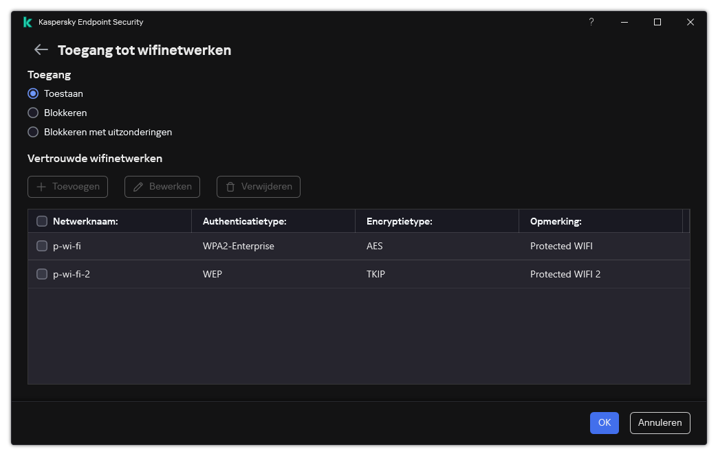 Een venster met een lijst met wifinetwerken. De gebruiker kan de toegang tot alle Wi-Fi-netwerken configureren en vertrouwde wifinetwerken toevoegen.