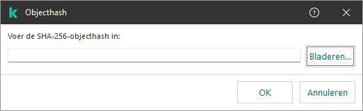 Een venster met een veld voor het invoeren van de hash-som van het object. De gebruiker kan een De gebruiker kan een object selecteren met bestandsbeheer.object selecteren met bestandsbeheer.