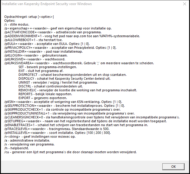 Knopinfo-venster met een beschrijving van de opdrachtopties om het programma via CMD te installeren.