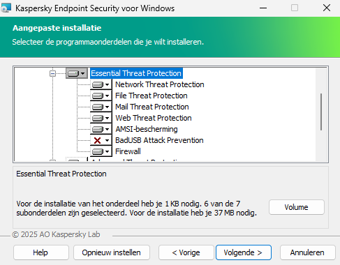 Installatievenster met een lijst componenten die een gebruiker kan selecteren.
