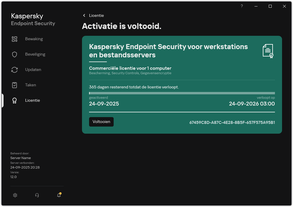 Het venster bevat informatie over de licentie: vervaldatum, beschikbare functies en andere informatie.
