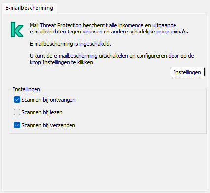 Kaspersky-extensie voor Outlook-venster. De gebruiker kan configureren om berichten te scannen wanneer ze worden ontvangen, gelezen of verzonden.