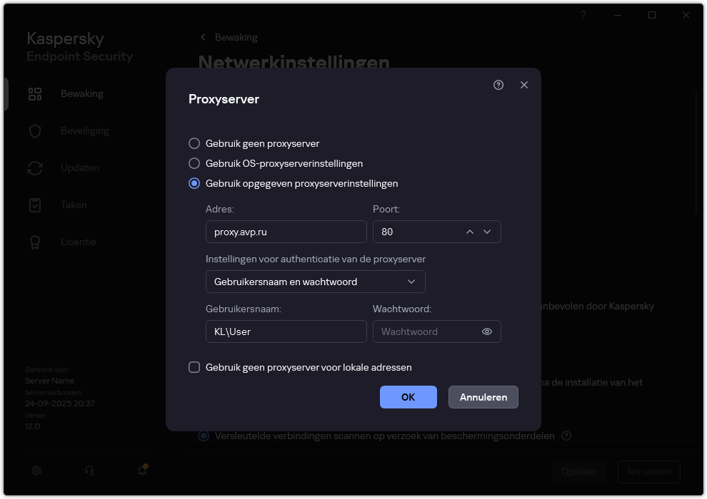 Het venster voor het configureren van de proxyserververbinding. De gebruiker kan het adres van de proxyserver en referenties instellen om verbinding te maken met de proxyserver.