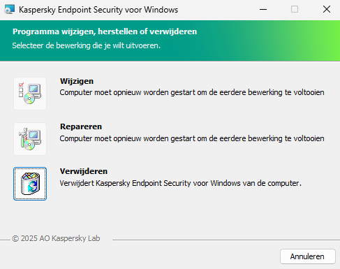 Installatievenster met een lijst met beschikbare bewerkingen: de set componenten wijzigen, het programma herstellen, het programma verwijderen.