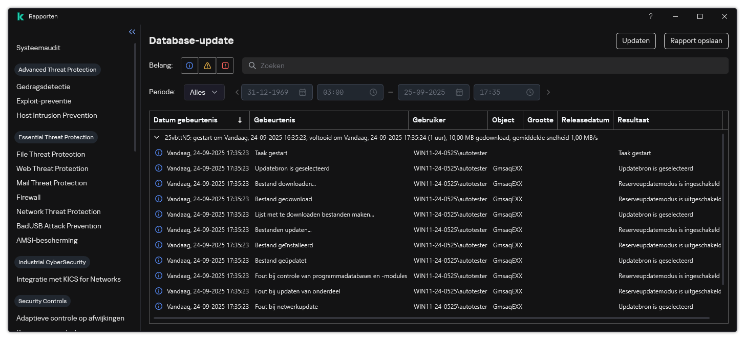 Een venster met de lijst van evenementen in het rapport. De gebruiker kan gebeurtenissen filteren/sorteren en rapporten opslaan in een bestand.
