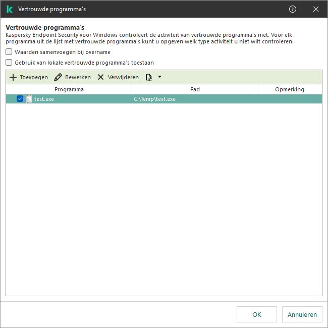 Een venster met de lijst met vertrouwde programma's. De gebruiker kan een vertrouwd programma toevoegen, bewerken of verwijderen.