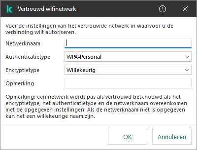 Het venster bevat de instellingen van het vertrouwde wifi-netwerk.