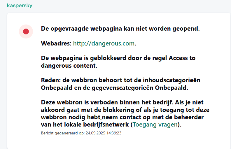 Melding over het blokkeren van toegang tot de webpagina in het browservenster. De gebruiker kan een verzoek maken om de webbron te openen.