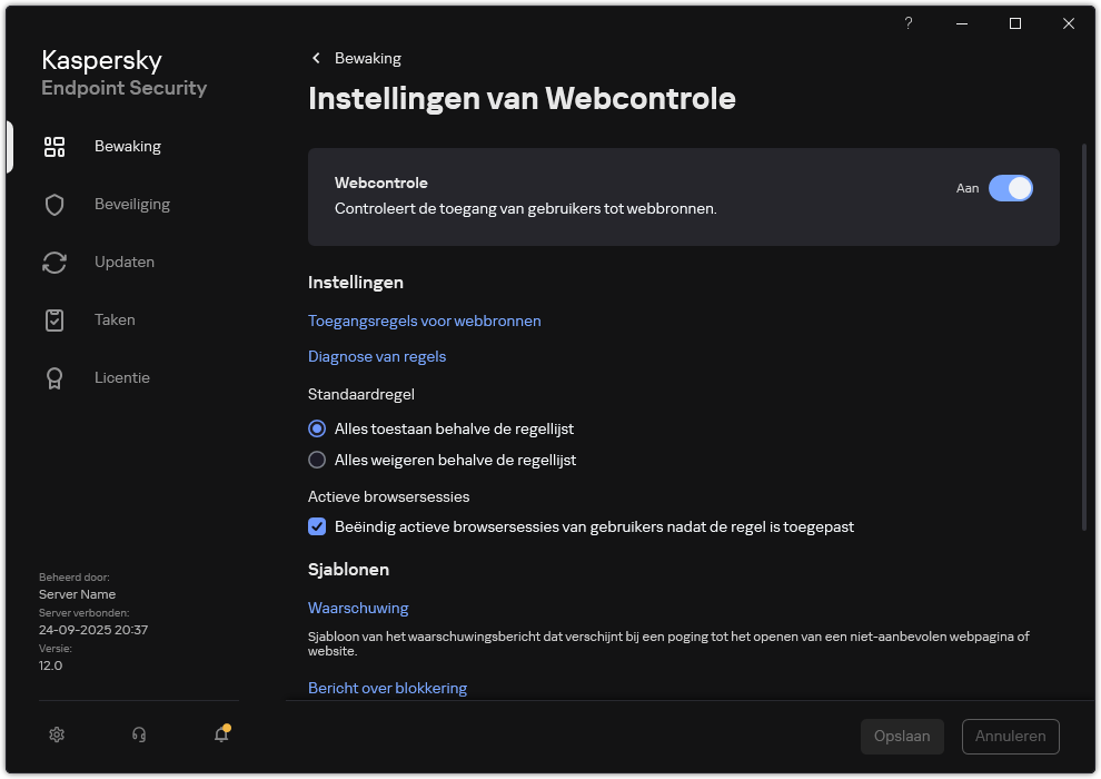 Webcontrole instellingen venster.