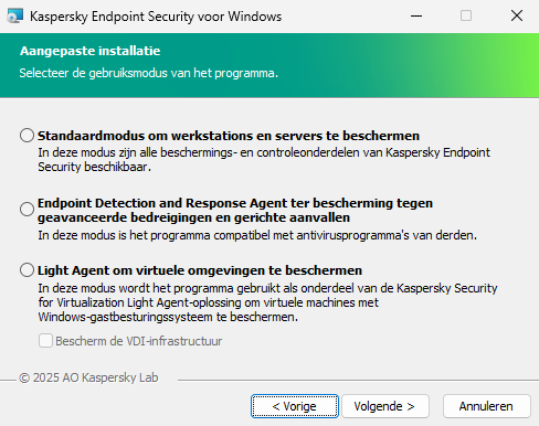 Installatievenster met configuratie van het programma: volledige functionaliteit of Endpoint Detection and Response Agent.