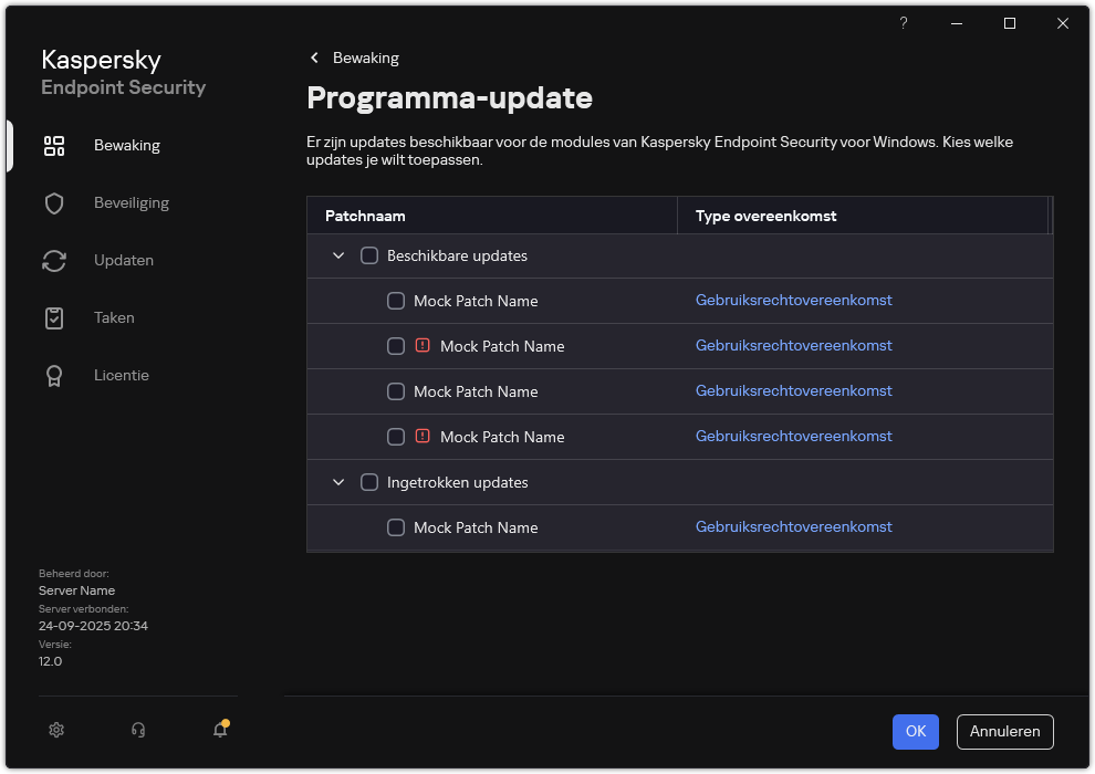Venster met een lijst met beschikbare patches. De gebruiker kan patches selecteren en de algemene voorwaarden van de overeenkomsten accepteren.