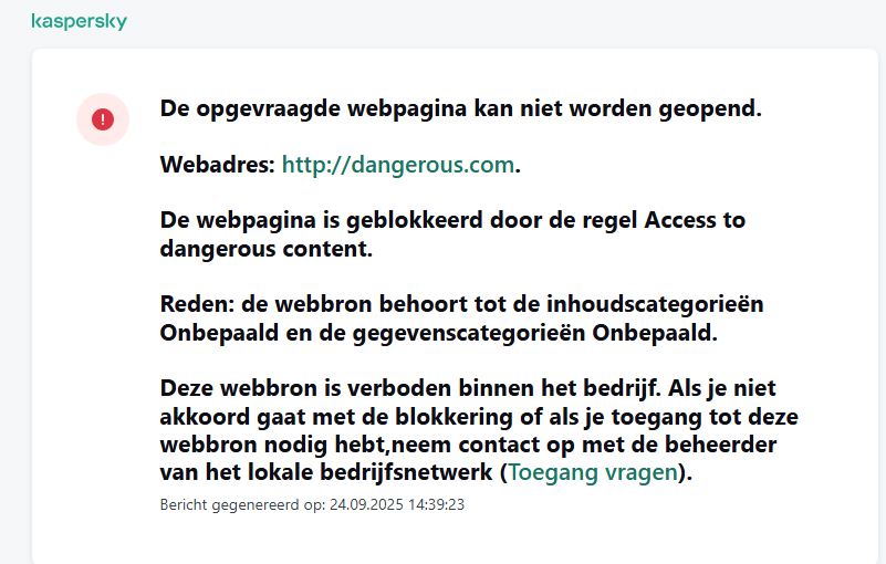 Melding over het bezoeken van een website die is geblokkeerd door Webcontrole. De gebruiker kan een verzoek maken om de webbron te openen.