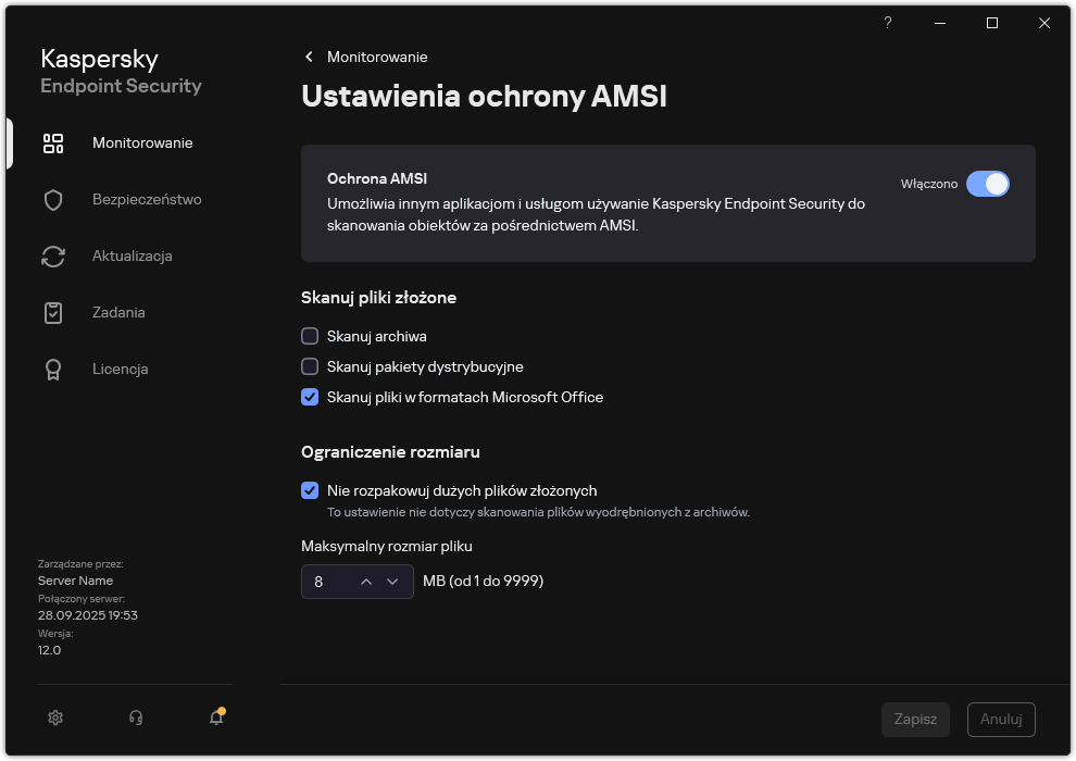 Okno Ustawienia ochrony AMSI.