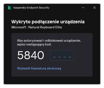 Okno z kodem autoryzacyjnym klawiatury. Użytkownik może aktywować klawiaturę ekranową i wprowadzić kod.