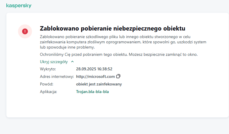 Powiadomienie firmy Kaspersky o zapobieganiu pobrania szkodliwego obiektu w oknie przeglądarki.