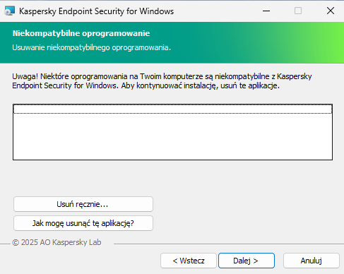 Okno instalatora z listą niekompatybilnego oprogramowania. Użytkownik może uruchomić usuwanie niekompatybilnego oprogramowania.