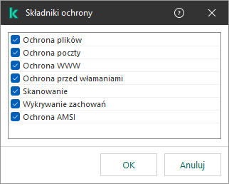 Okno z listą komponentów aplikacji. Wyłączenie dotyczy działania tylko wybranych komponentów.