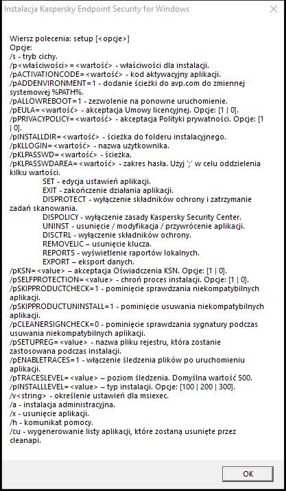 Okno podpowiedzi opisujące opcje poleceń umożliwiające instalację aplikacji za pomocą wiersza poleceń.
