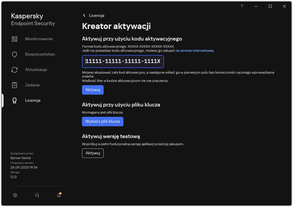 Okno z narzędziami aktywacji aplikacji. Użytkownik może wprowadzić kod aktywacyjny lub wybrać plik klucza.