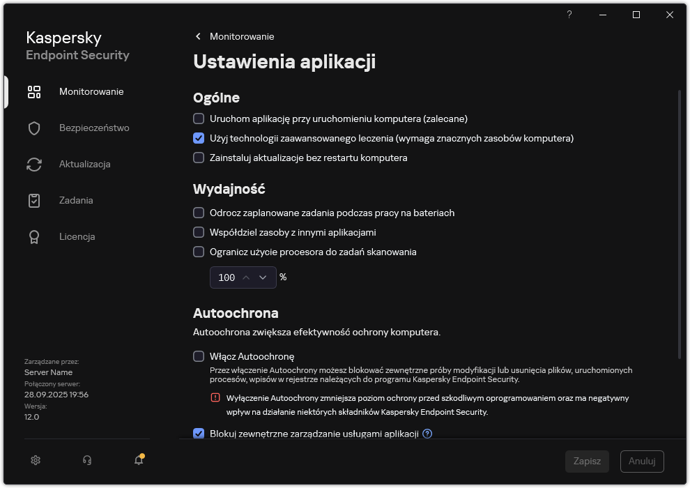 Okno ustawień aplikacji. Użytkownik może skonfigurować wydajność, autoochronę i inne ustawienia.