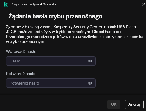 Okno zawiera pola do wpisania i potwierdzenia hasła.