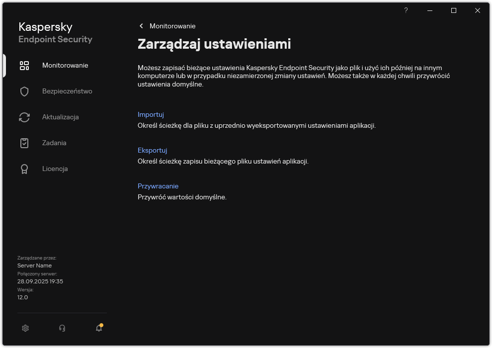 Okno ustawień wykluczeń. Użytkownik może eksportować, importować lub przywracać ustawienia aplikacji.