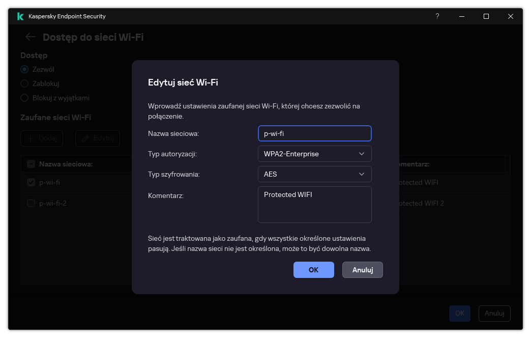 Okno zawiera ustawienia zaufanej sieci Wi-Fi.