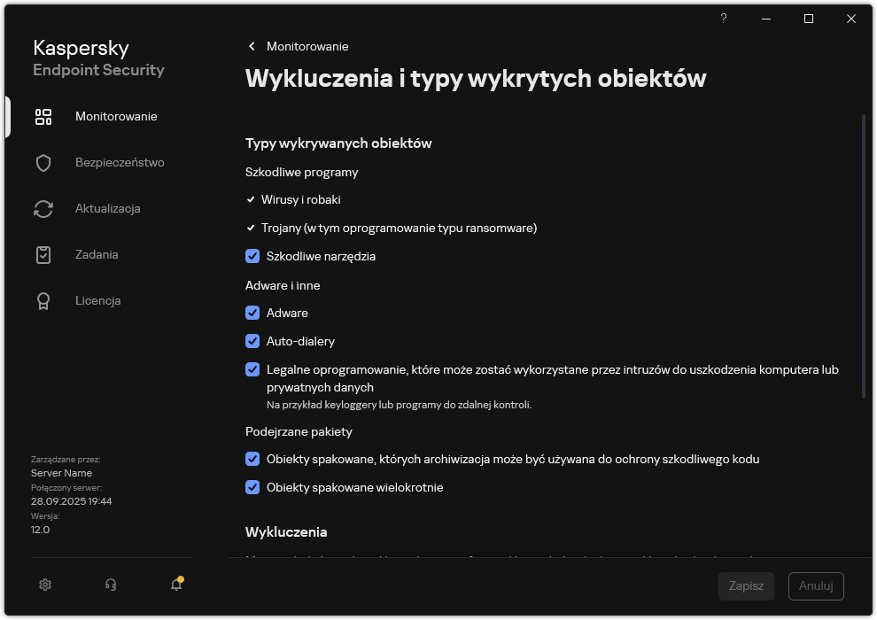 Okno ustawień wykluczeń. Użytkownik może wybrać typy wykrywanych obiektów oraz dodawać obiekty do wykluczeń.