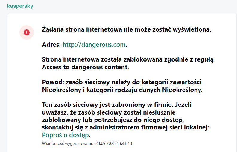 Powiadomienie o zablokowaniu dostępu do strony internetowej w oknie przeglądarki. Użytkownik może utworzyć żądanie dostępu do zasobu internetowego.