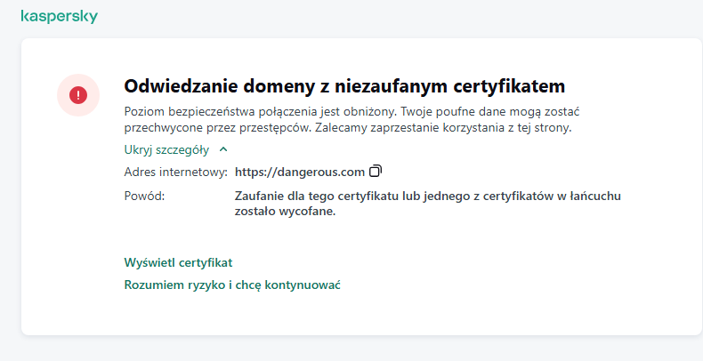 Powiadomienie firmy Kaspersky o odwiedzeniu domeny z niezaufanym certyfikatem w oknie przeglądarki. Użytkownik może kontynuować pracę.