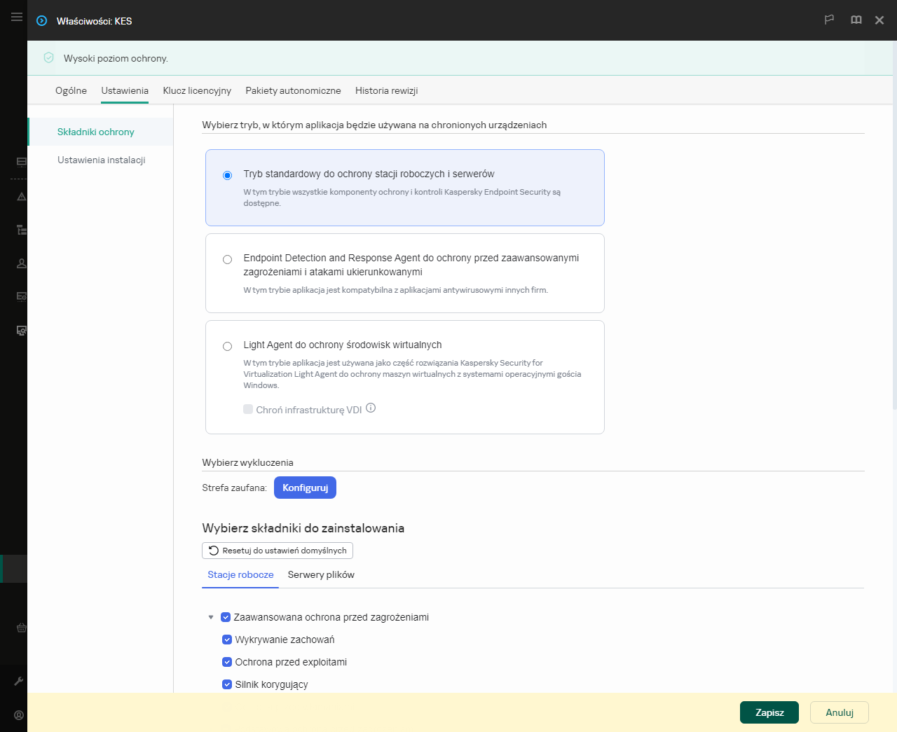 Okno właściwości pakietu instalacyjnego. Możesz wybrać, które składniki aplikacji chcesz uwzględnić.