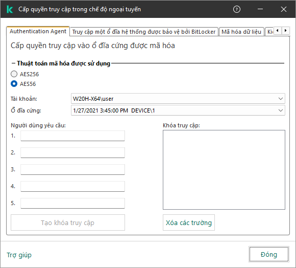 Một cửa sổ chứa các trường để nhập nội dung yêu cầu của người dùng và một trường dành cho khóa được tạo để truy cập ổ đĩa được mã hóa.