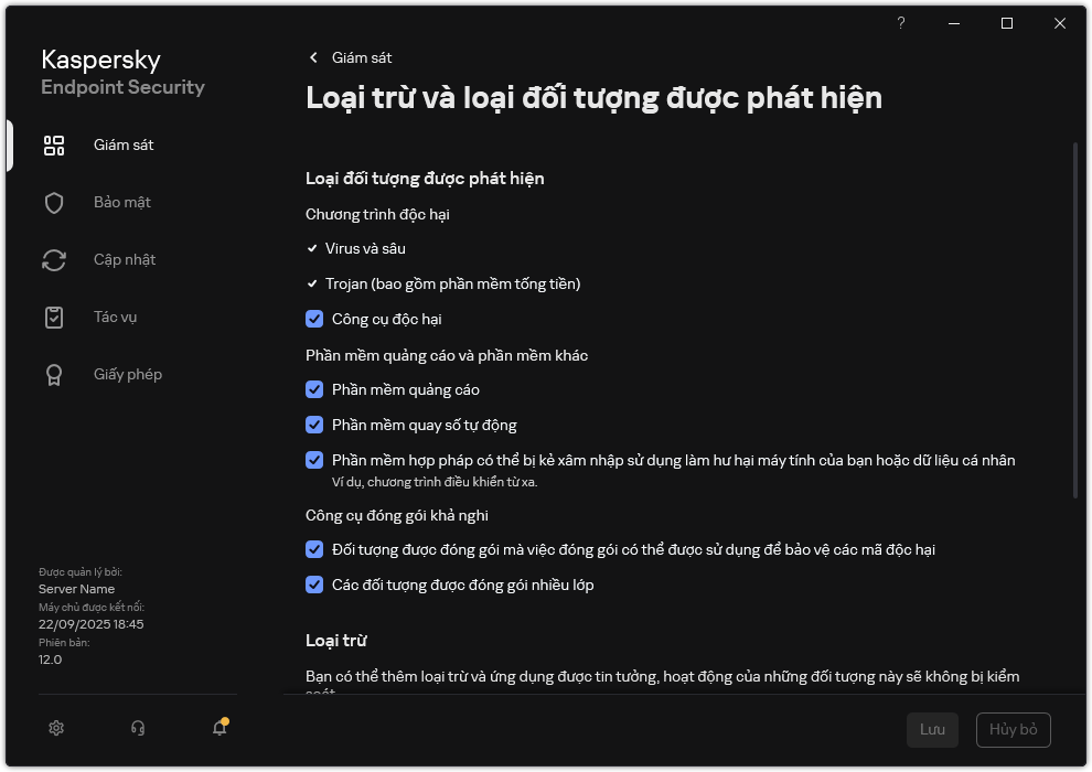 Cửa sổ thiết lập loại trừ. Người dùng có thể chọn loại đối tượng được phát hiện và thêm đối tượng vào mục loại trừ.