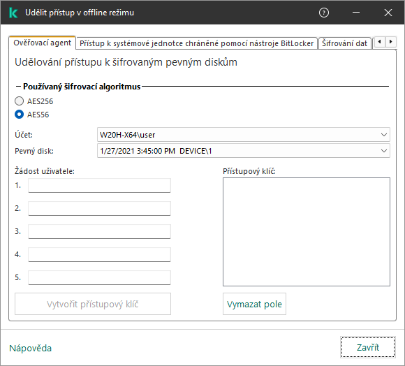 Okno s poli pro zadání obsahu požadavku uživatele a polem pro vygenerovaný klíč pro přístup na šifrovaný disk.