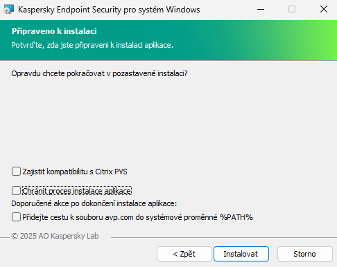 Okno nastavení instalace: ochrana instalace, kompatibilita s Citrix PVS, systémová proměnná pro avp.com.