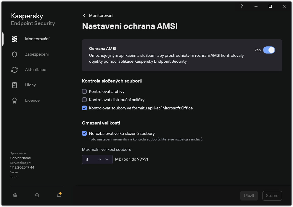 Okno nastavení součásti Ochrana AMSI.