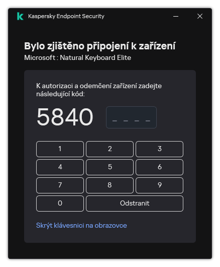 Okno s autorizačním kódem klávesnice a klávesnicí na obrazovce. Kód může zadat uživatel.