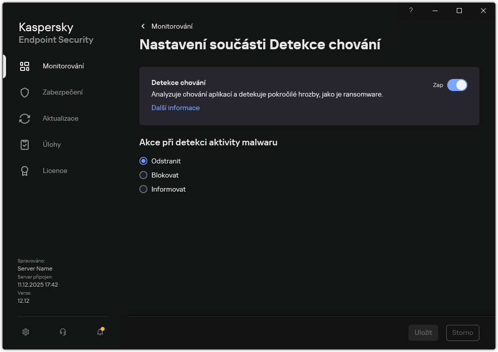 Okno nastavení součásti Detekce chování.