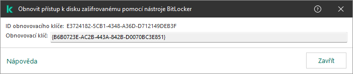 Okno s klíčem pro obnovení přístupu k zašifrované nesystémové jednotce.